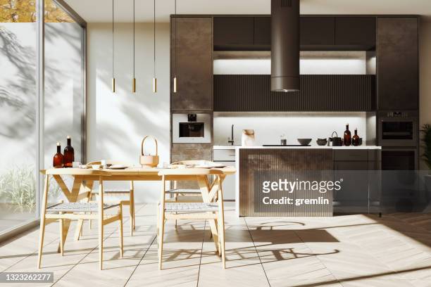 modern kitchen with dining table - sunny kitchen stock pictures, royalty-free photos & images