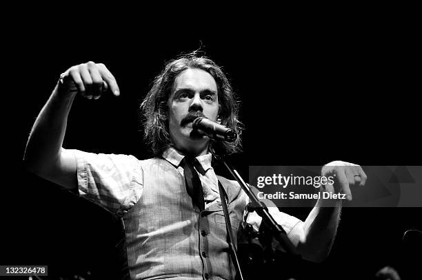 Image has been converted to black and white.) Emanuel Lundgren performs live with I'm From Barcelona at Cite de la Musique on July 10, 2011 in Paris,...