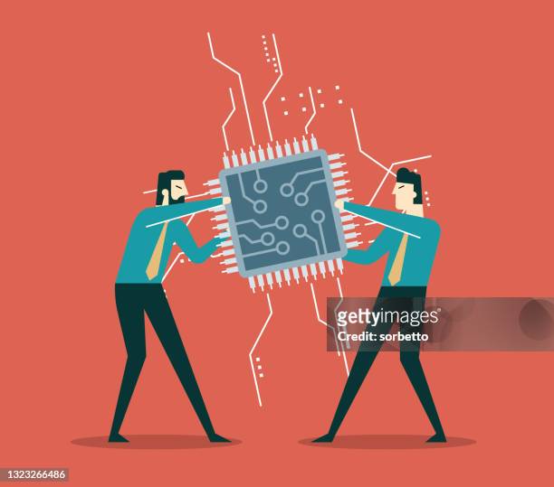businessman tug of war fighting to get computer chip - computer chip stock illustrations