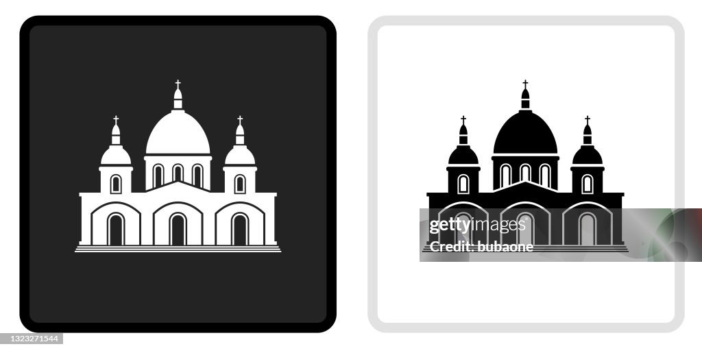 Kirche Gebäude Icon auf schwarzem Knopf mit weißen Rollover