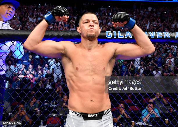 Nate Diaz prepares to fight Leon Edwards of Jamaica in their welterweight fight during the UFC 263 event at Gila River Arena on June 12, 2021 in...