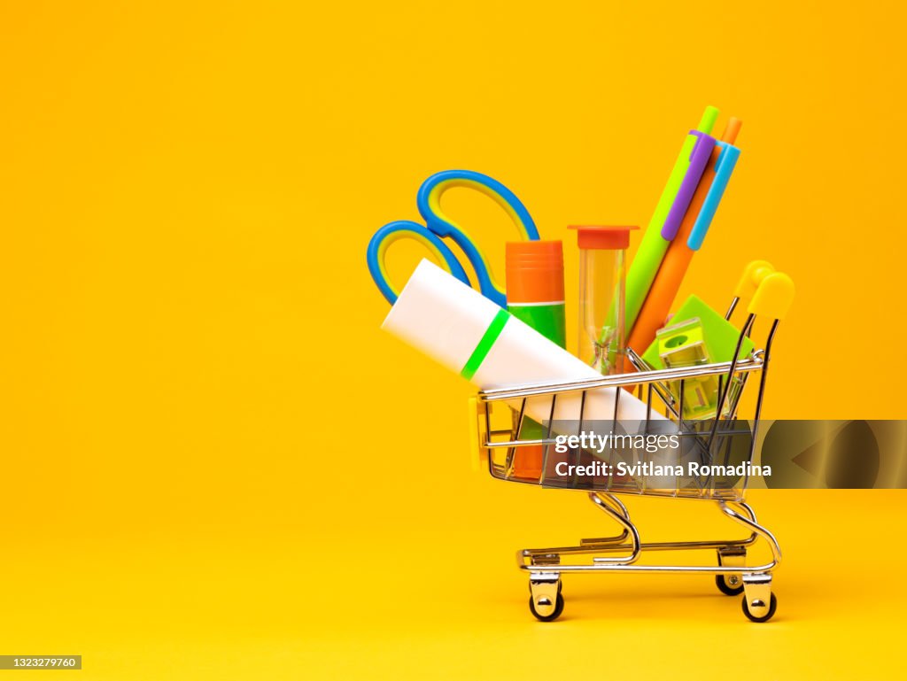 School supplies in shopping cart