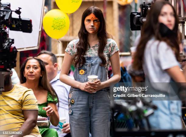 Actress Nell Tiger Free is seen filming scenes on the set of Apple TV+ streaming series "Servant" Season 3 on June 12, 2021 in Philadelphia,...