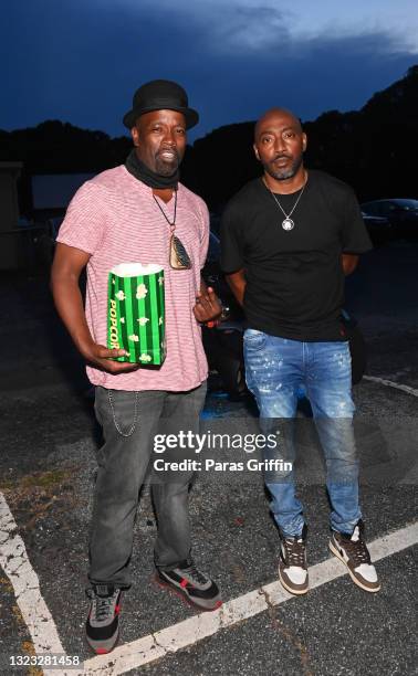 Actor Corey Miller and Clay Evans attend "Meet The Blacks 2" Lil Duval Birthday Turnup at Starlight Drive-In Theatre on June 12, 2021 in Atlanta,...