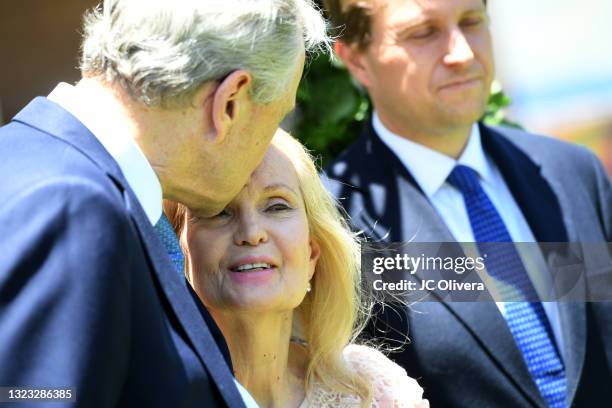 Edward F. Cox, Tricia Nixon Cox and Christopher Nixon Cox attend an outdoor rose garden party honoring Covid-19 frontline workers on their 50th...