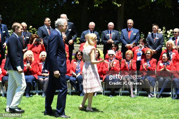 Christopher Nixon Cox, Edward F. Cox and Tricia Nixon Cox attend an outdoor rose garden party honoring Covid-19 frontline workers on their 50th...