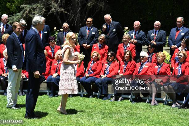 Christopher Nixon Cox, Edward F. Cox and Tricia Nixon Cox attend an outdoor rose garden party honoring Covid-19 frontline workers on their 50th...