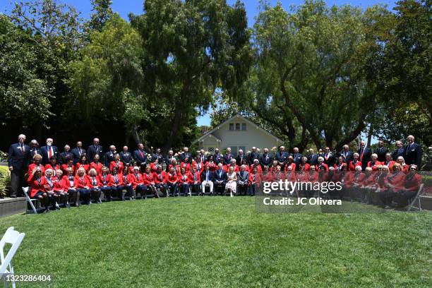 Christopher Nixon Cox, Edward F. Cox, Tricia Nixon Cox and Hugh Hewitt attend an outdoor rose garden party honoring Covid-19 frontline workers on...
