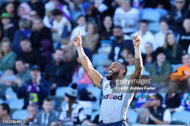 Josh Addo-Carr of the Storm celebrates during the round 14 NRL match between the New Zealand Warriors and the Melbourne Storm at Central Coast...