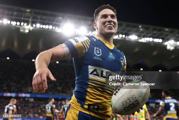 Mitchell Moses of the Eels reacts to fans during the round 14 NRL match between the Parramatta Eels and the Wests Tigers at Bankwest Stadium, on June...