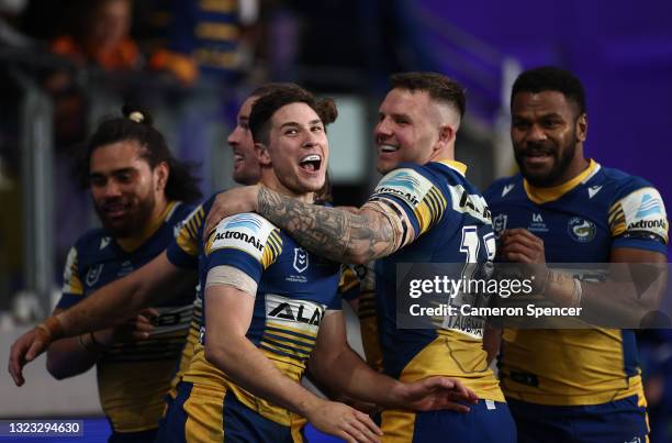 Mitchell Moses of the Eels celebrates after scoring a try during the round 14 NRL match between the Parramatta Eels and the Wests Tigers at Bankwest...