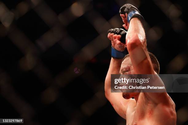 Nate Diaz reacts during his UFC 263 welterweight match against Leon Edwards of Jamaica at Gila River Arena on June 12, 2021 in Glendale, Arizona.