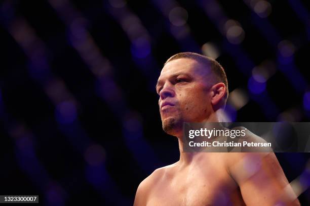 Nate Diaz prepares to fight Leon Edwards of Jamaica during their UFC 263 welterweight match at Gila River Arena on June 12, 2021 in Glendale, Arizona.