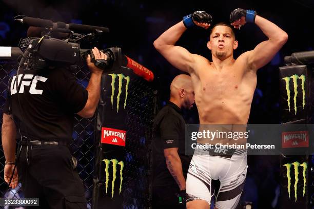 Nate Diaz enters the octagon to fight Leon Edwards of Jamaica during their UFC 263 welterweight match at Gila River Arena on June 12, 2021 in...