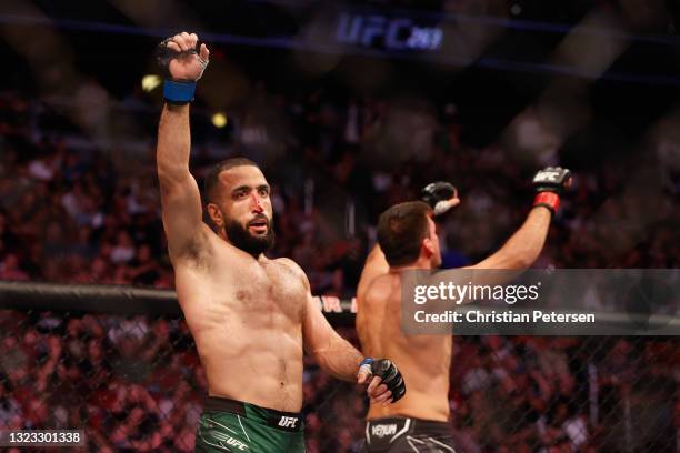 Belal Muhammad reacts after defeating Demian Maia of Brazil by unanimous decision during their UFC 263 welterweight match at Gila River Arena on June...