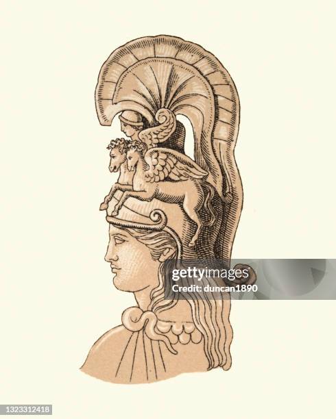 illustrations, cliparts, dessins animés et icônes de déesse grecque antique portant un casque décoré de pégase - mythology