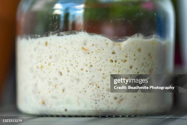close up of a glass jar of sourdough starter or leaven - lievito naturale foto e immagini stock