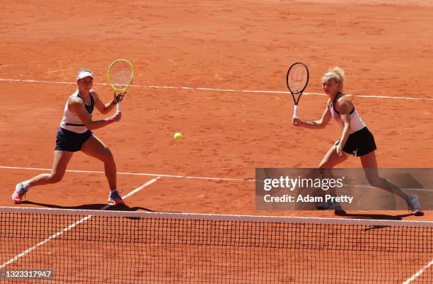 Katerina Siniakova of The Czech Republic, playing partner of Barbora Krejcikova of The Czech Republic prepares to play a forehand in their Women's...