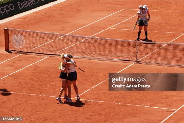 Barbora Krejcikova and Katerina Siniakova of The Czech Republic celebrate match point in their Women's Doubles Final match against Bethanie...