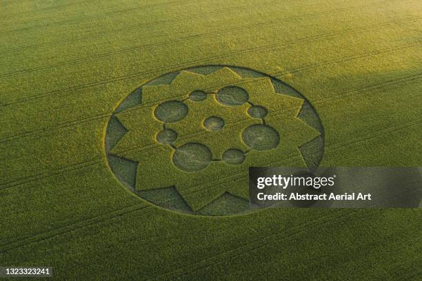 drone shot showing a crop circle in the countryside, england, united kingdom - graancirkel stockfoto's en -beelden