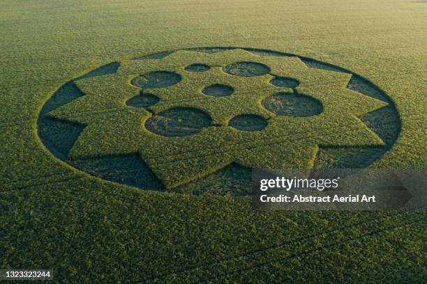 drone point of view showing crop circle in an agricultural field, england, united kingdom - círculo nas plantações - fotografias e filmes do acervo