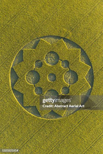 crop circle in an agricultural field seen from directly above, england, united kingdom - graancirkel stockfoto's en -beelden