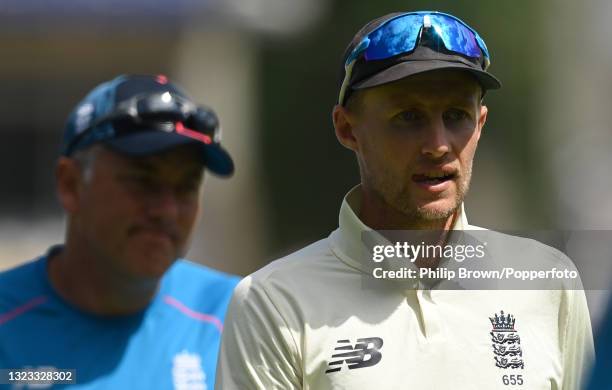 Joe Root and Chris Silverwood of England look on after New Zealand won the second LV= Test match at Edgbaston on June 13, 2021 in Birmingham, England.