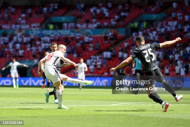Phil Foden of England shoots and hits the post during the UEFA Euro 2020 Championship Group D match between England and Croatia at Wembley Stadium on...