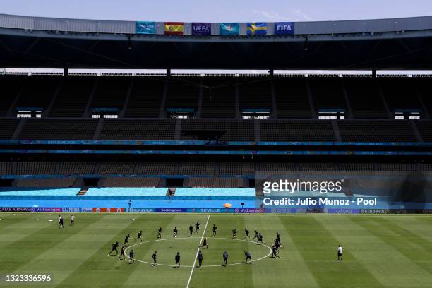General view inside the stadium as players of Sweden warm up during the Sweden Training Session ahead of the UEFA Euro 2020 Group E match between...