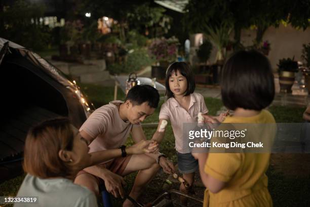 asian chinese family enjoying bbq camping at backyard with daughter - chinese eating backyard stock pictures, royalty-free photos & images