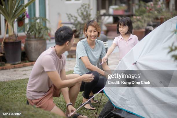padre asiatico cinese alleva tenda da campeggio insieme alla famiglia nel cortile di casa - picchetto da tenda foto e immagini stock