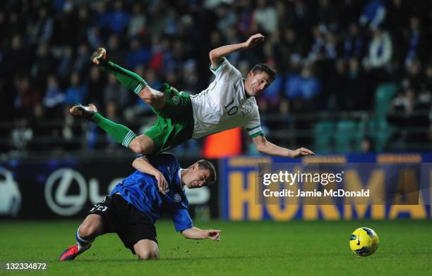 Andrei Stepanov of Estonia is sent off for the tackle on Robbie Keane of Republic of Ireland during the Estonia and Republic of Ireland, EURO 2012...