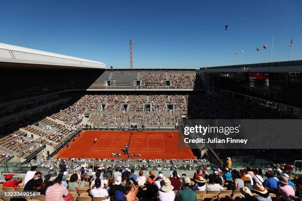 General view inside Court Philippe-Chatrier during the Men's Singles Final match between Novak Djokovic of Serbia and Stefanos Tsitsipas of Greece...