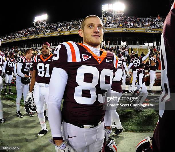 Cody Journell of the Virginia Tech Hokies watches the action against the Georgia Tech Yellow Jackets at Bobby Dodd Stadium on November 10, 2011 in...