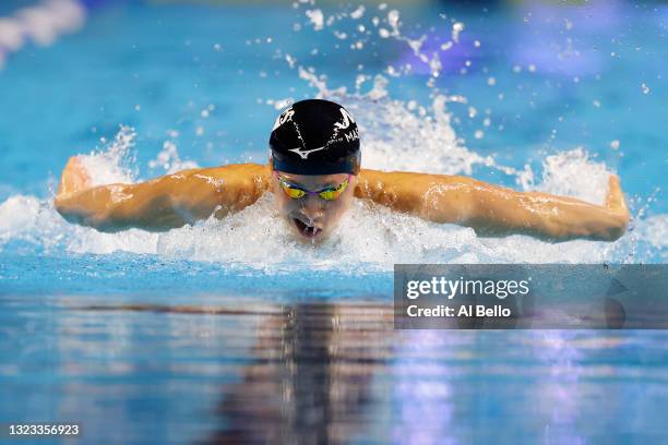 Carson Foster of the United States reacts competes in a preliminary heat for the Men's 400m individual medley during Day One of the 2021 U.S. Olympic...