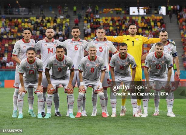 Players of North Macedonia pose for a team photograph prior to the UEFA Euro 2020 Championship Group C match between Austria and North Macedonia at...