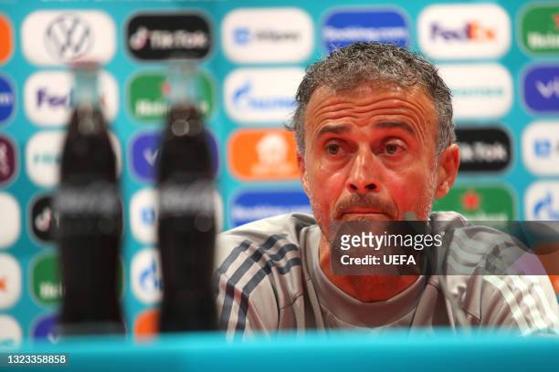 In this Handout picture provided by UEFA, Luis Enrique, Head Coach of Spain speaks to the media during the Spain Training Session ahead of the UEFA...