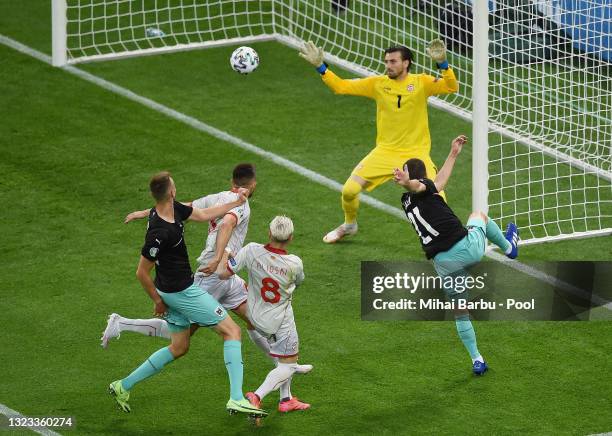 Stefan Lainer of Austria scores their side's first goal past Stole Dimitrievski of North Macedonia during the UEFA Euro 2020 Championship Group C...