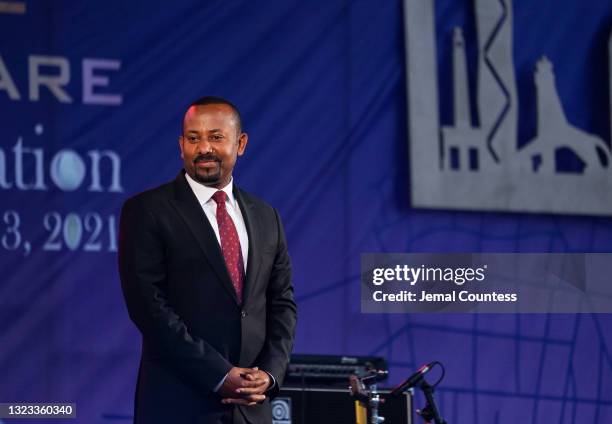 Ethiopian Prime Minister Abiy Ahmed attends the inauguration of the newly remodeled Meskel Square on June 13, 2021 in Addis Ababa, Ethiopia. Prime...