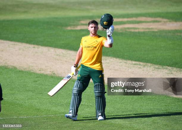 Joe Clarke of Notts Outlaws celebrates as he reaches his century during The Vitality T20 Blast match between Steelbacks and Notts Outlaws at The...