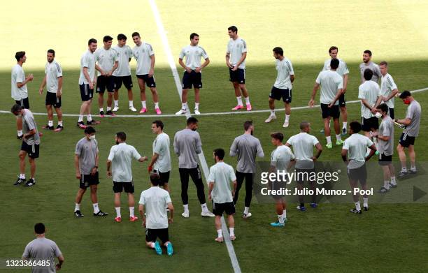Players of Spain gather during the Spain Training Session ahead of the Euro 2020 Group E match between Spain and Sweden at Estadio La Cartuja on June...