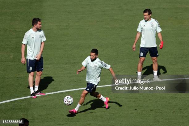 Jordi Alba of Spain attempts to control the ball during the Spain Training Session ahead of the Euro 2020 Group E match between Spain and Sweden at...