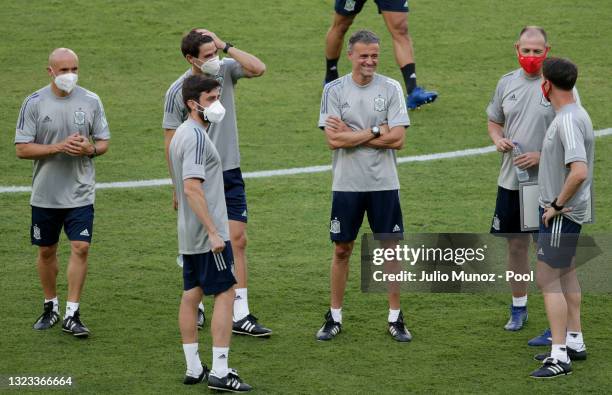 Luis Enrique, Head Coach of Spain reacts during the Spain Training Session ahead of the Euro 2020 Group E match between Spain and Sweden at Estadio...