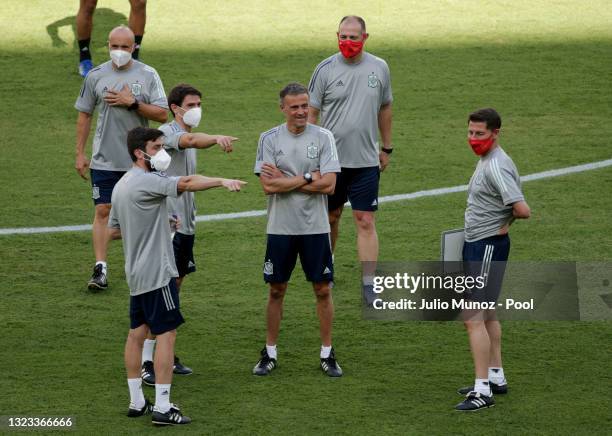 Luis Enrique, Head Coach of Spain reacts during the Spain Training Session ahead of the Euro 2020 Group E match between Spain and Sweden at Estadio...