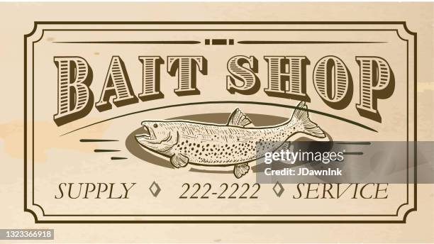 vintage or old fashioned worn newspaper advertisement featuring bait shop with fish - newspaper advertisement stock illustrations