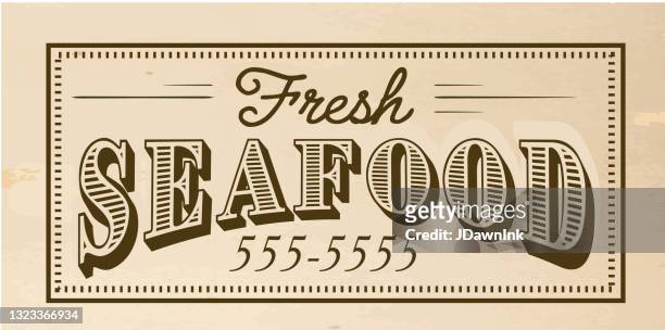 vintage or old fashioned worn newspaper advertisement featuring fresh seafood headline - fish market stock illustrations