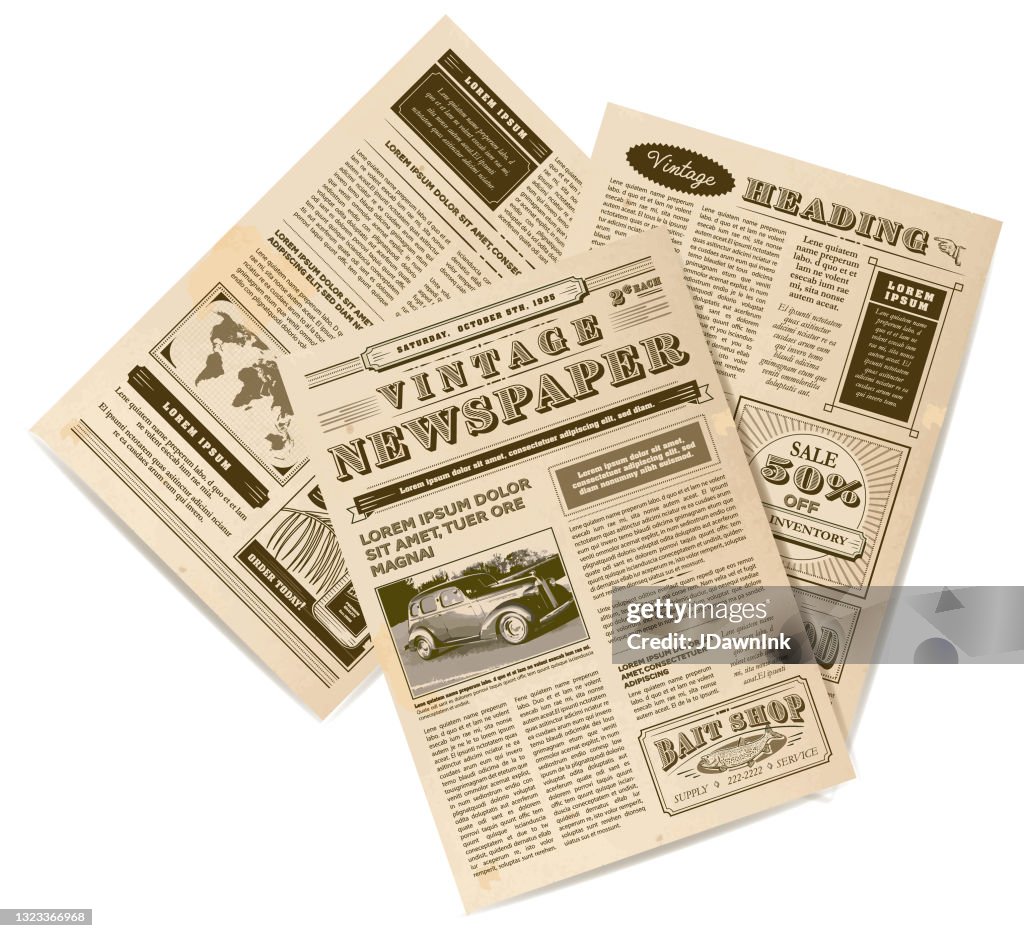 Vintage or old fashioned worn Newspaper Collage includes front page and inside layout design template