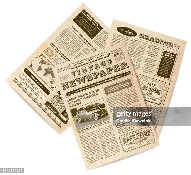 vintage or old fashioned worn newspaper collage includes front page and inside layout design template - vintage newspaper front page stock illustrations