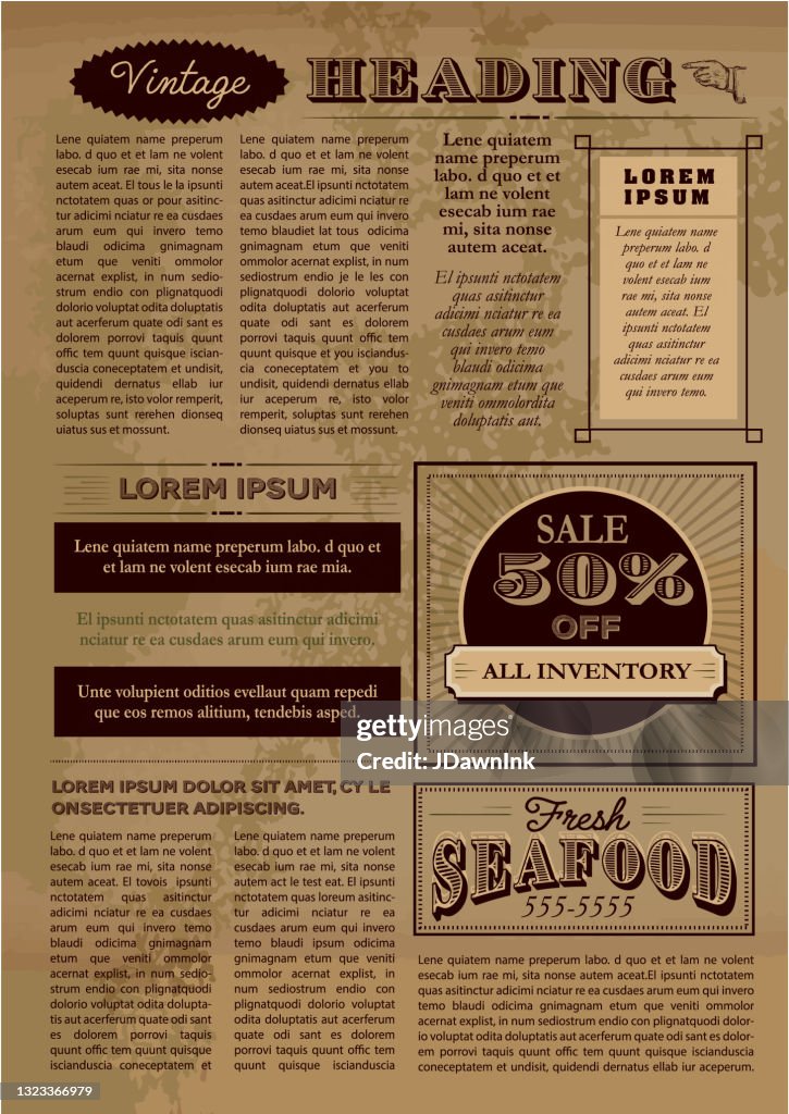 Vintage or old fashioned worn Newspaper layout includes page with headline design template