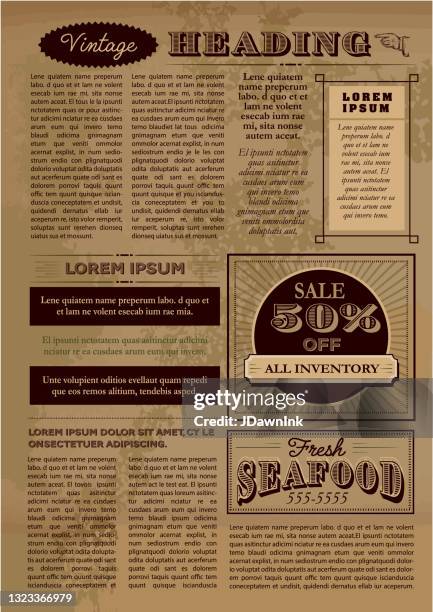 vintage or old fashioned worn newspaper layout includes page with headline design template - vintage newspaper front page stock illustrations